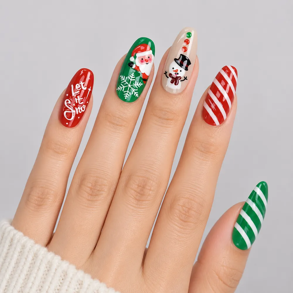 Green Santa and Snowman Christmas Cat Eye Press-On Nails