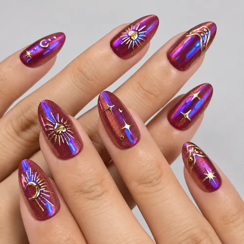 Vintage Chrome Sun, Moon and Star Cat Eye Short Almond Press-On Nails