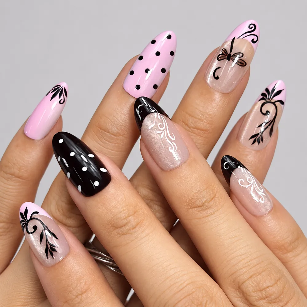 Pink Polka Dot and Flower French Cat Eye Almond Press-On Nails
