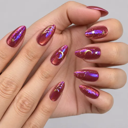 Chrome Star and Moon Tarot Cat Eye Short Almond Press-On Nails