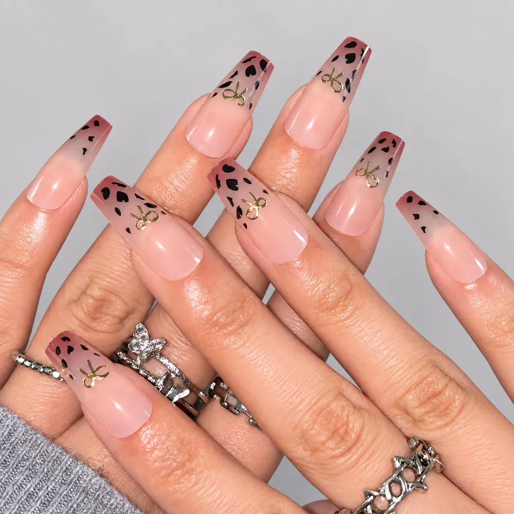 Nude Ombré Leopard Gold Foil Medium Square Press-On Nails