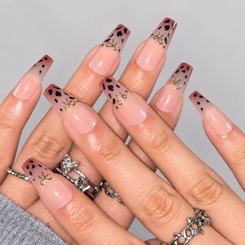 Nude Ombré Leopard Gold Foil Medium Square Press-On Nails