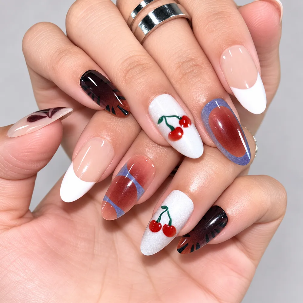 Spotted Cherry French Cat Eye Short Almond Press-On Nails
