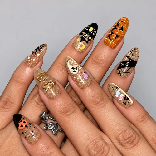 Trick-or-Treat Halloween Cat Eye Almond Press-On Nails