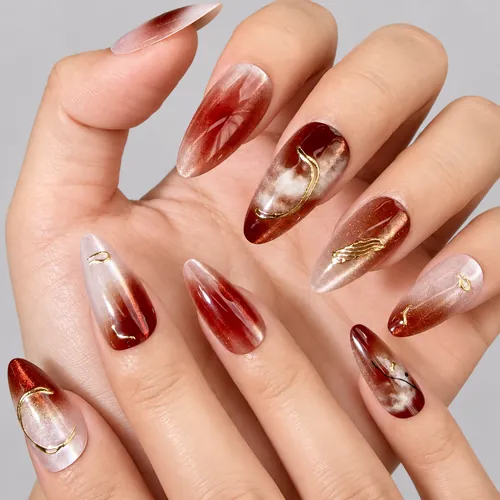 Caramel Amber Gold Foil Aura Cat Eye Almond Press-On Nails