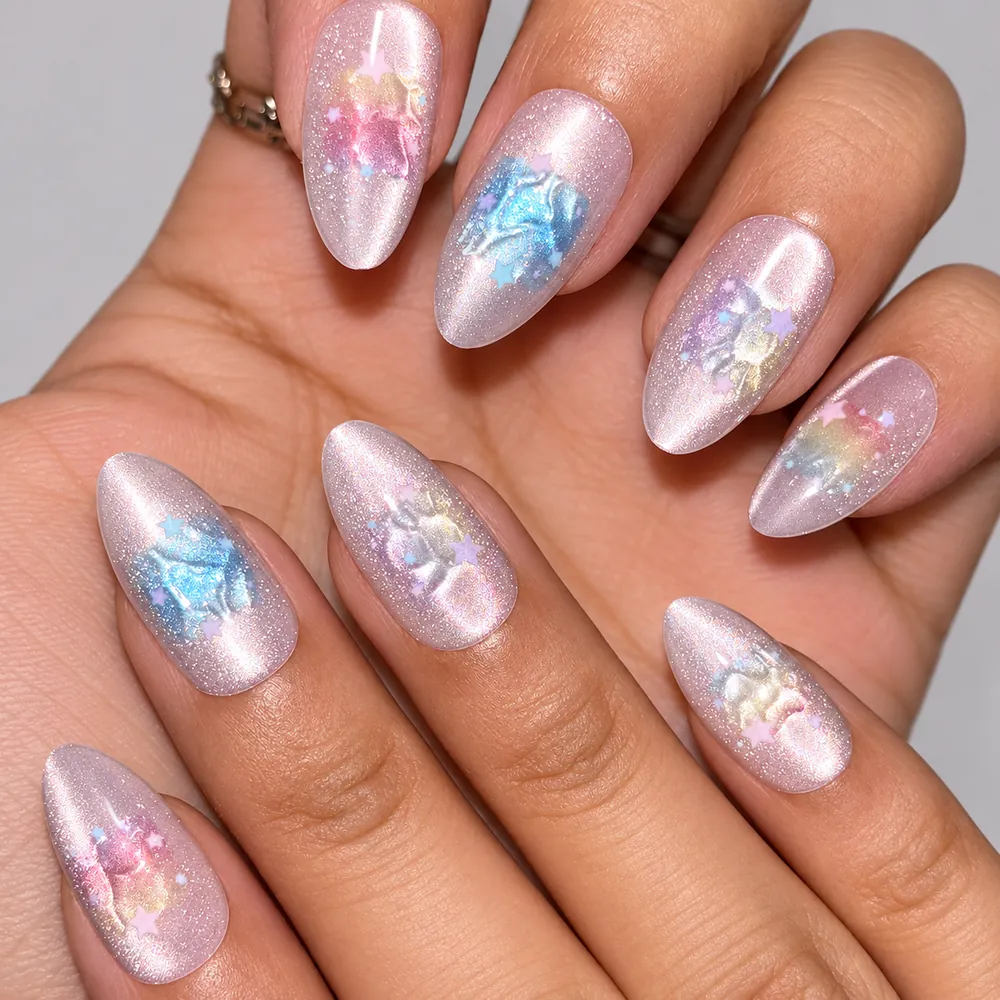 Embossed Floral Print Short Almond Press-On Nails