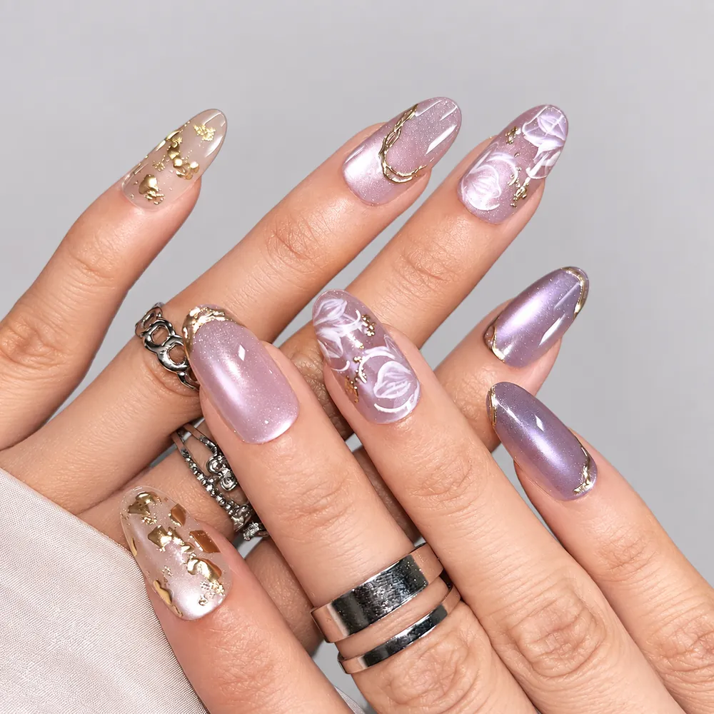 Lavender Jelly Gold Foil 3D Flower Short Oval Press-On Nails
