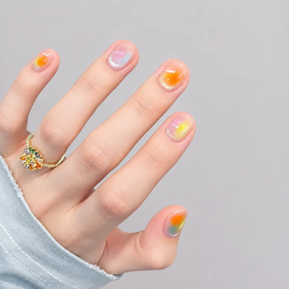Macaron Color-Block Marble Short Square Press-On Nails