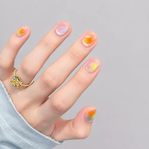 Macaron Color-Block Marble Short Square Press-On Nails