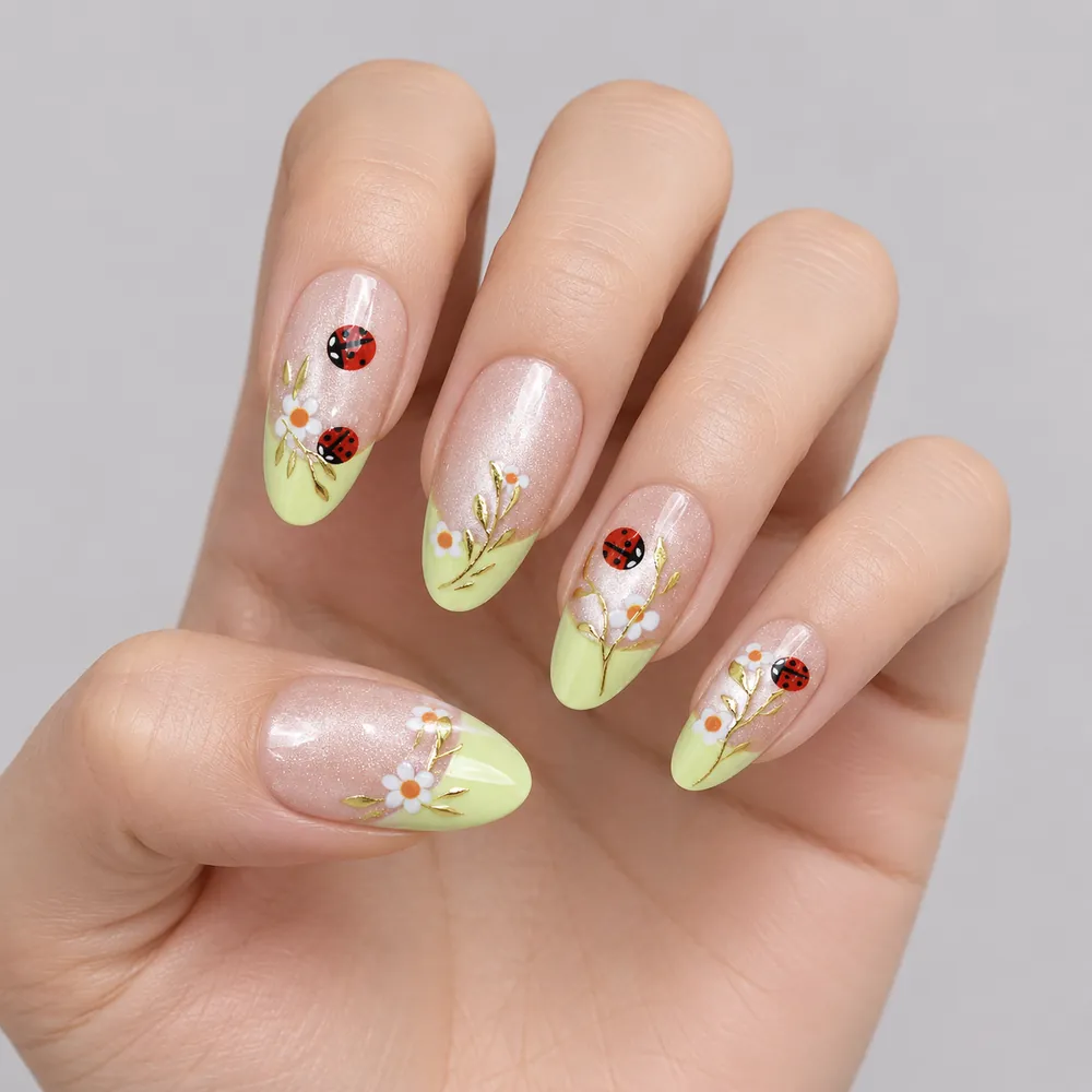 Yellow-Green Ombré Ladybug and Bee Cat Eye Almond Press-On Nails