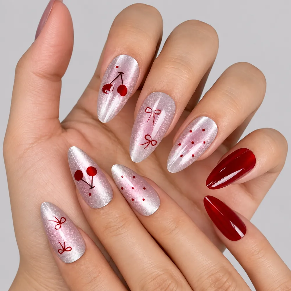 Bow and Cherry Polka Dot Cat Eye Almond Press-On Nails