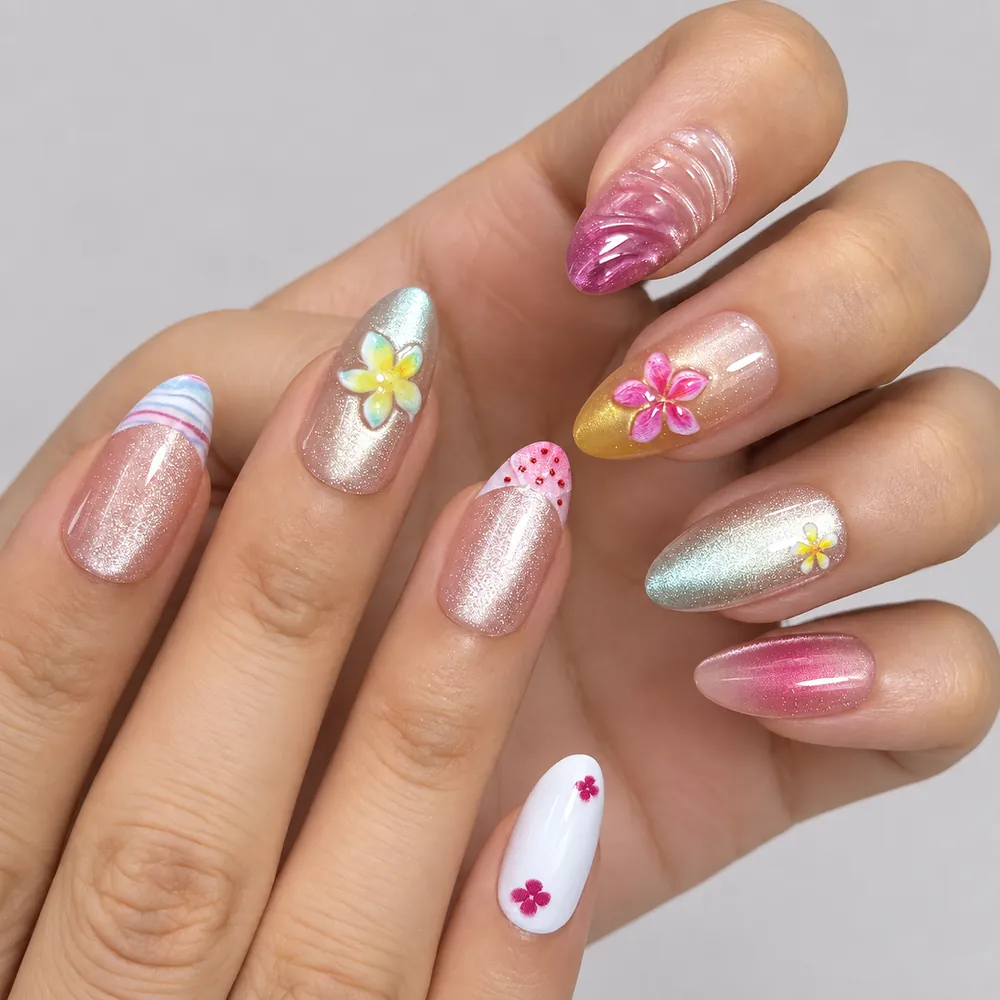 Ocean Flower French Cat Eye Short Almond Press-On Nails