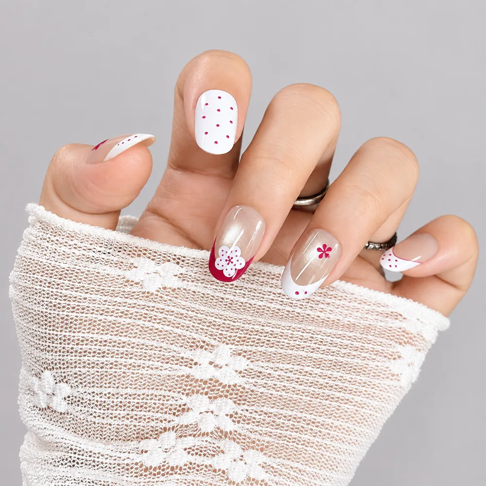 Polka Dot Flower French Cat Eye Short Oval Press-On Nails