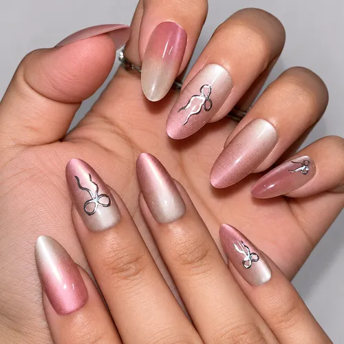 Valentine Bow Ombré Almond Press-On Nails