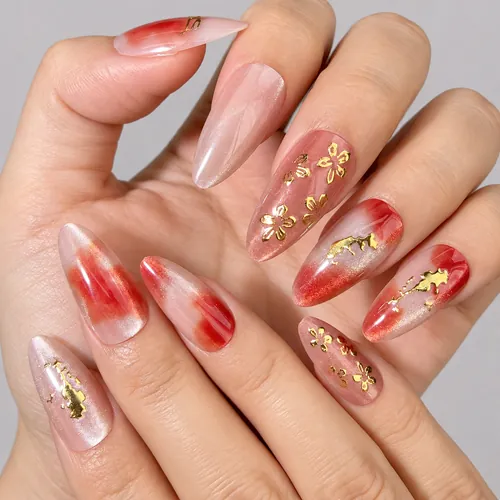 Brushed Gold Foil Flower Ombré Almond Press-On Nails