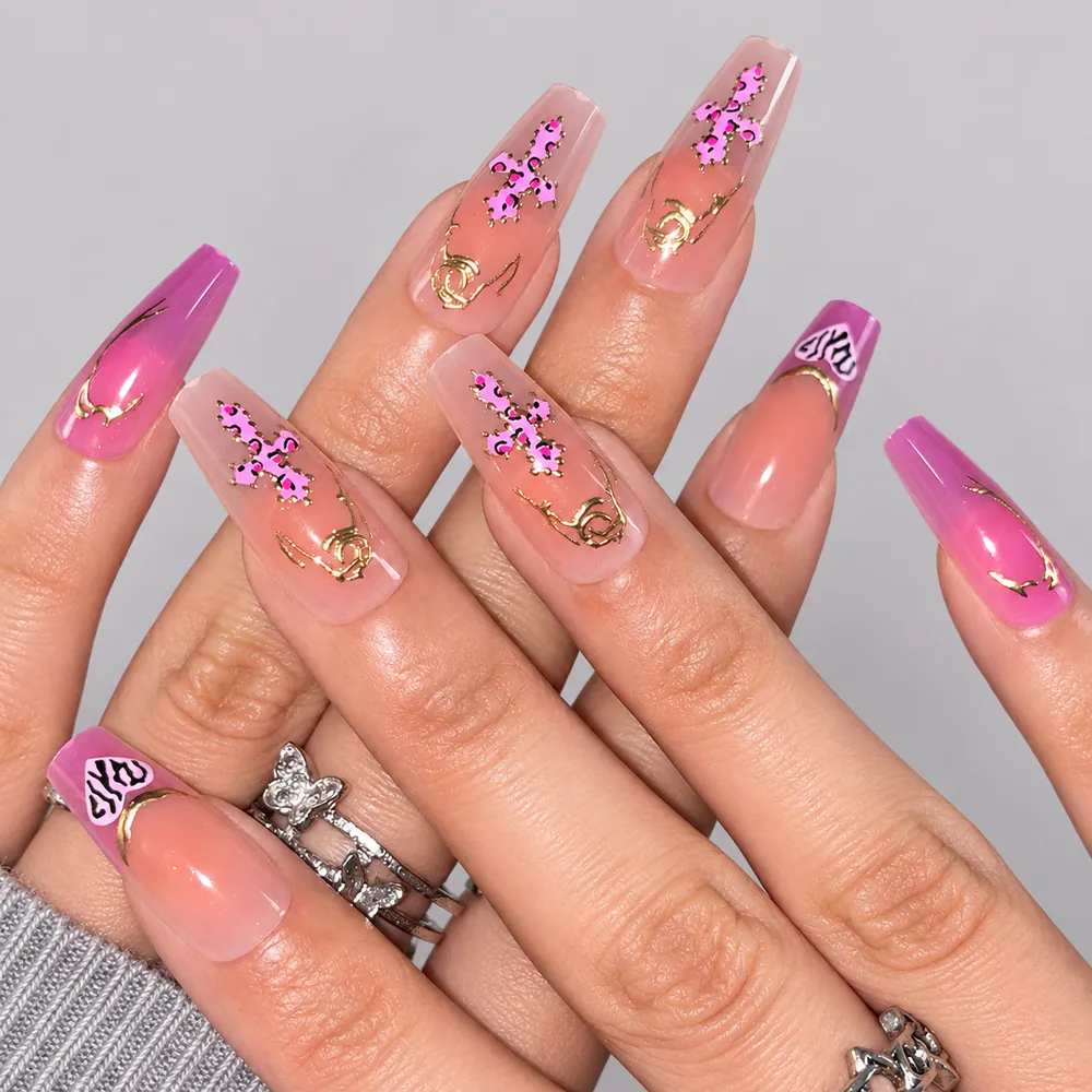 Classic Leopard Ombré Gold Foil Medium Square Press-On Nails