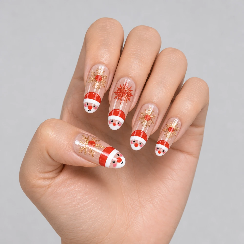 Santa and Snowflake Gold Foil Christmas Cat Eye Press-On Nails
