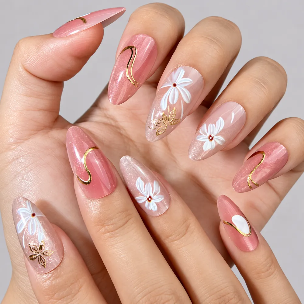 Gold Foil Flower Aura Cat Eye Almond Press-On Nails