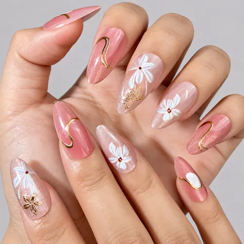 Gold Foil Flower Aura Cat Eye Almond Press-On Nails