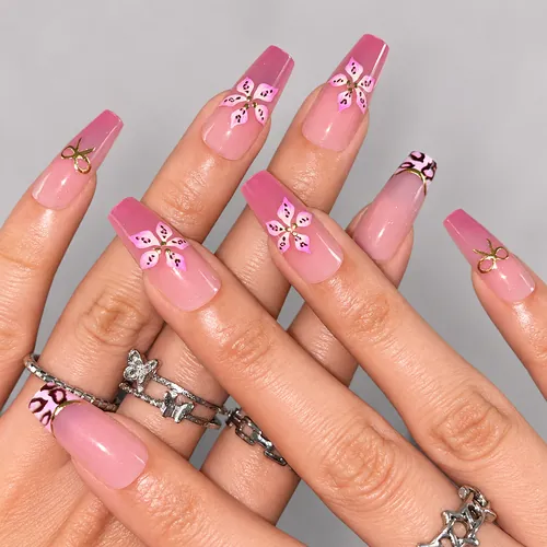 Leopard and 3D Flower Gold Foil Medium Square Press-On Nails