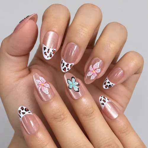 Leopard 3D Flower Clear Cat Eye Short Almond Press-On Nails