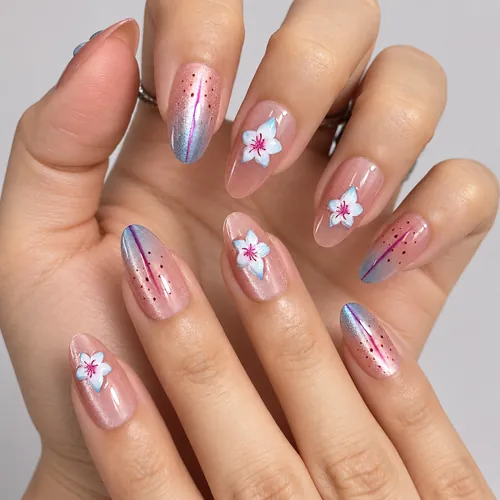 Rhinestone 3D Flower French Short Almond Press-On Nails