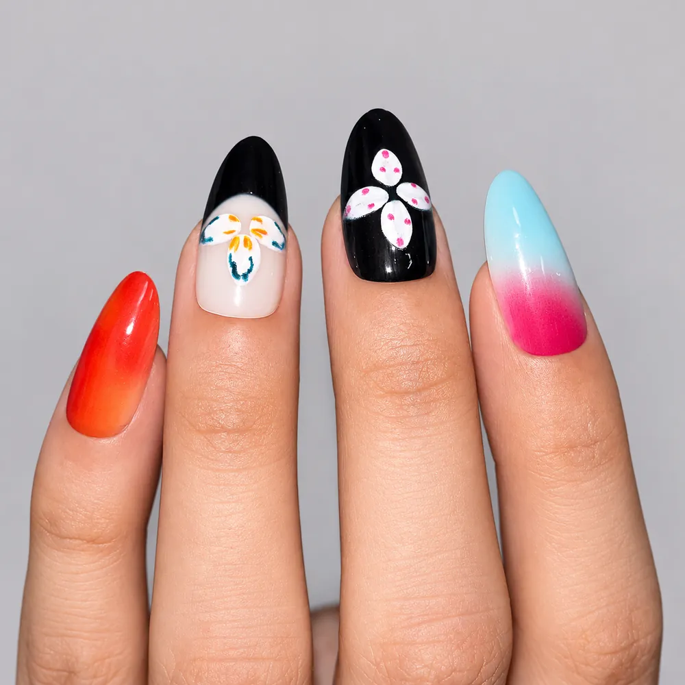 Neon Flower Two-Tone Ombré Almond Press-On Nails