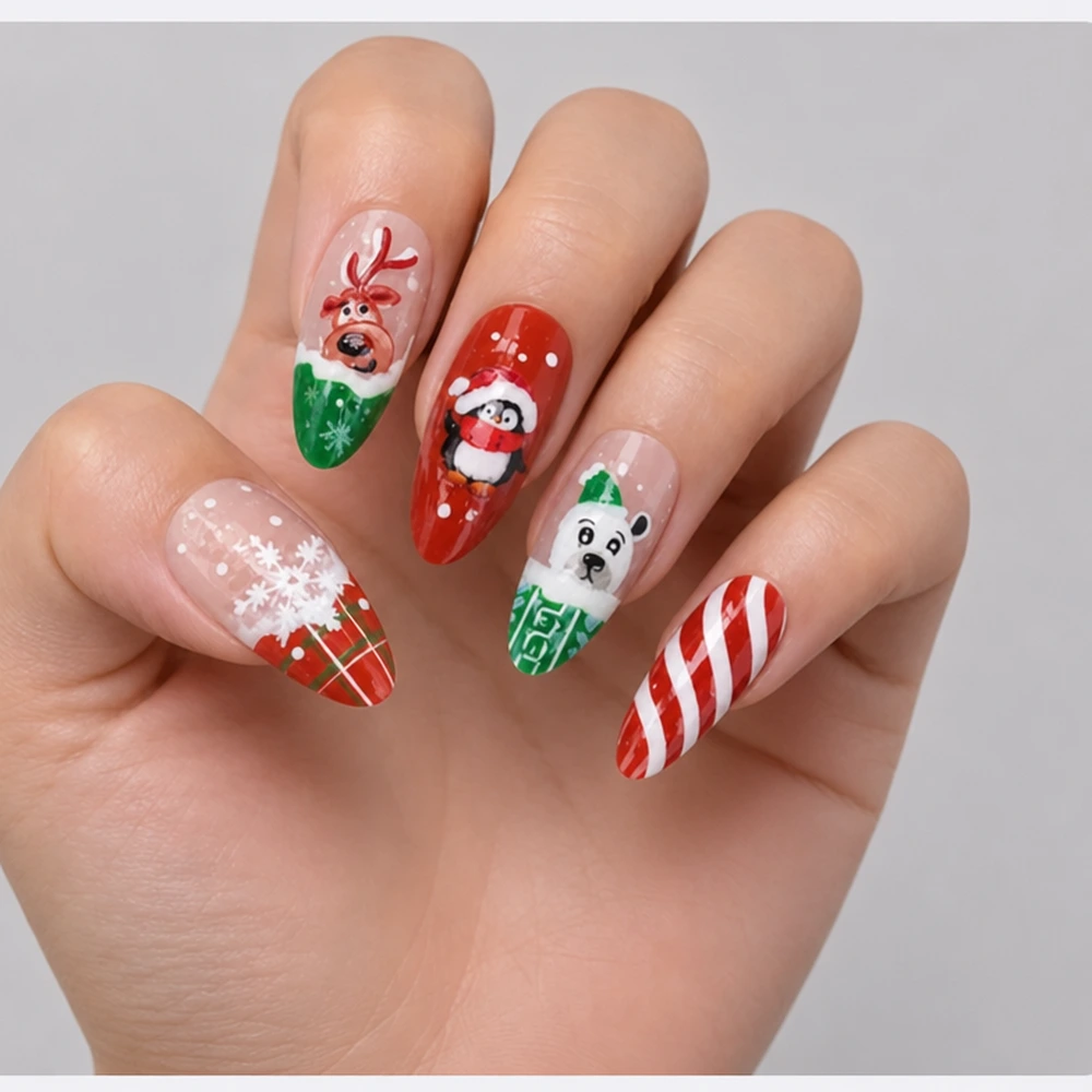 Reindeer and Snowflake Christmas Cat Eye Almond Press-On Nails