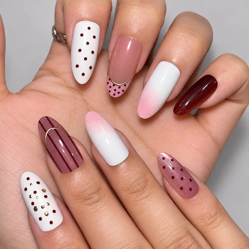 Soft Polka Dot and Stripe Ombré Cat Eye Almond Press-On Nails