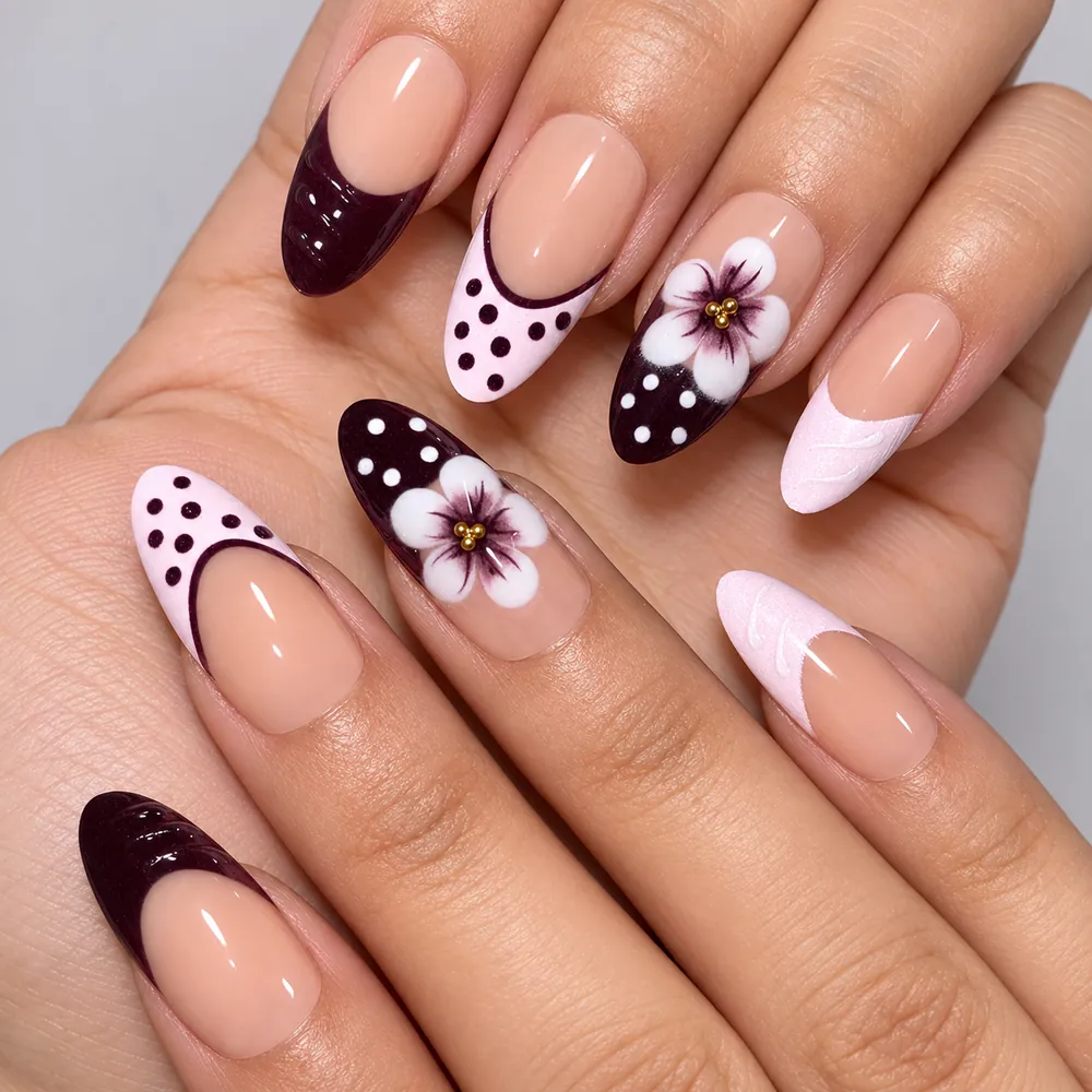 Polka Dot Floral French Almond Press-On Nails