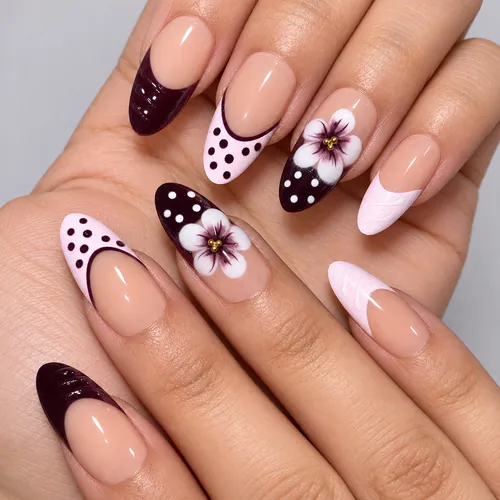 Polka Dot Floral French Almond Press-On Nails