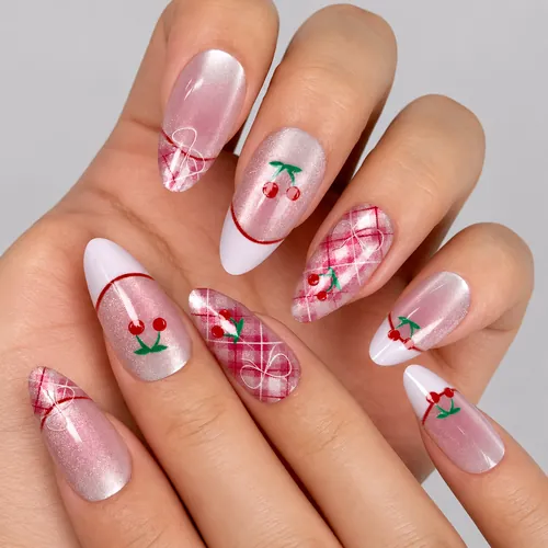 Cherry and Bow French Cat Eye Almond Press-On Nails