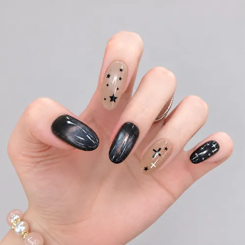 Pink and Black Cross Cat Eye Oval Press-On Nails