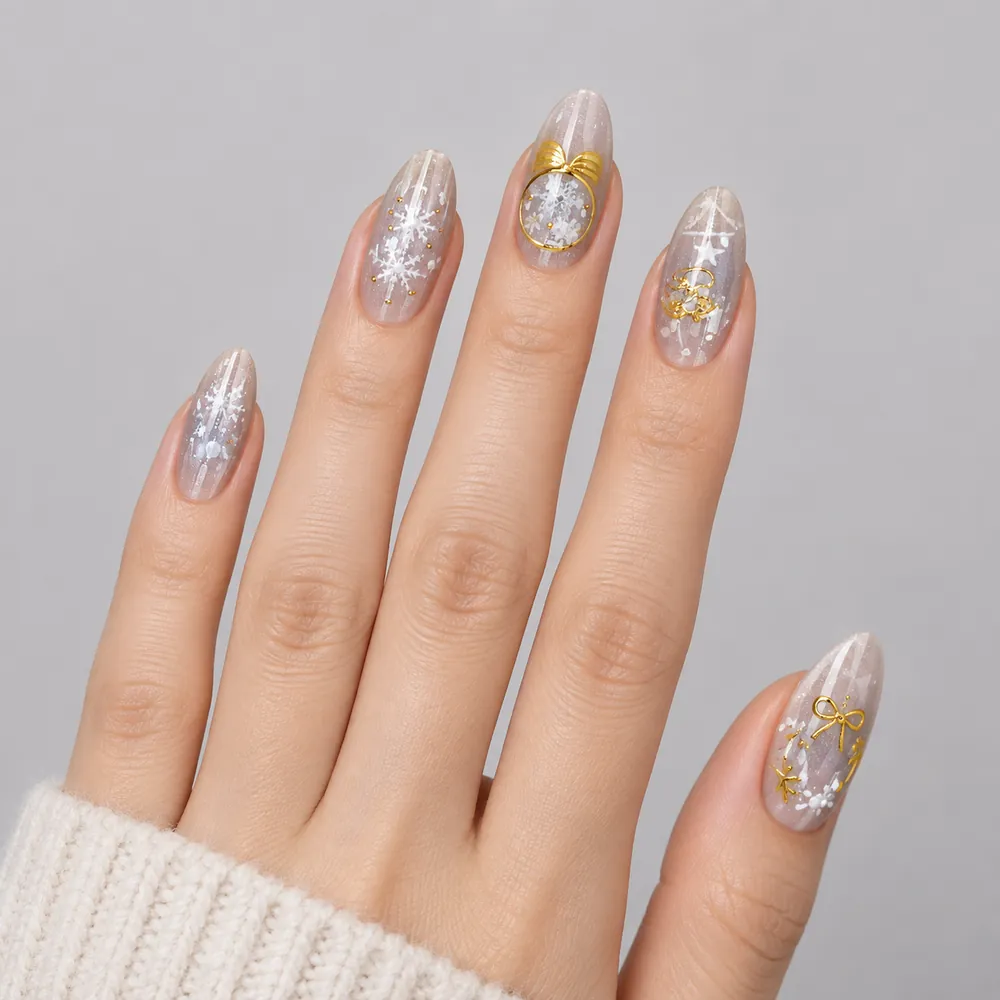 Bow and Snowflake Gold Foil Christmas Cat Eye Press-On Nails
