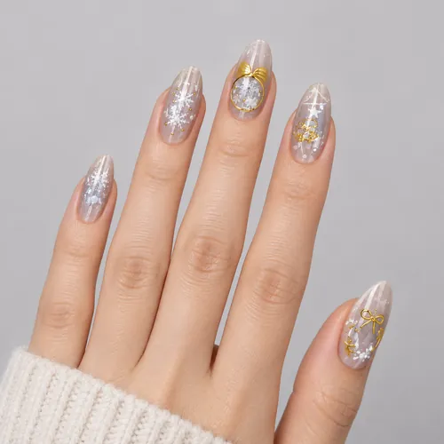 Bow and Snowflake Gold Foil Christmas Cat Eye Press-On Nails