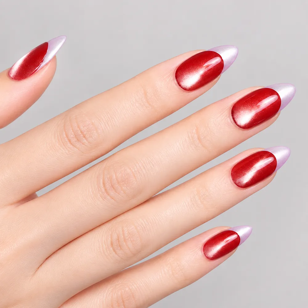 Glass-Bead Cat Eye French Almond Press-On Nails, 18 Shades