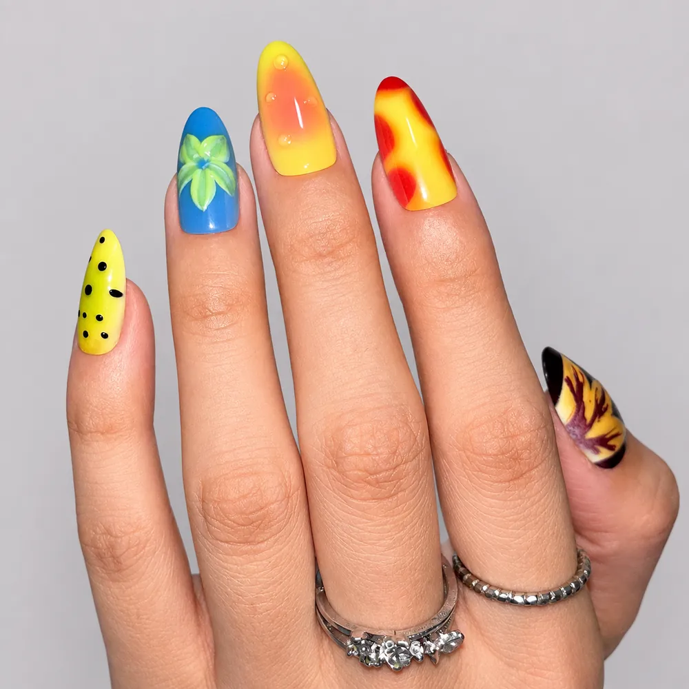 Oil-Painting Yellow and Blue Flower Ombré Almond Press-On Nails