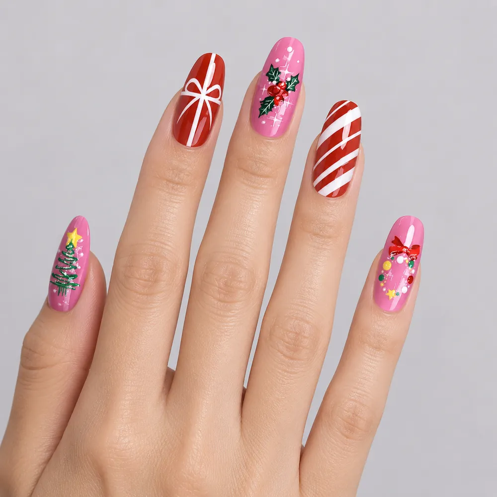 Magenta Bow and Bell Christmas Cat Eye Almond Press-On Nails