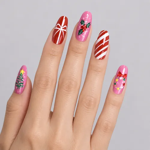 Magenta Bow and Bell Christmas Cat Eye Almond Press-On Nails