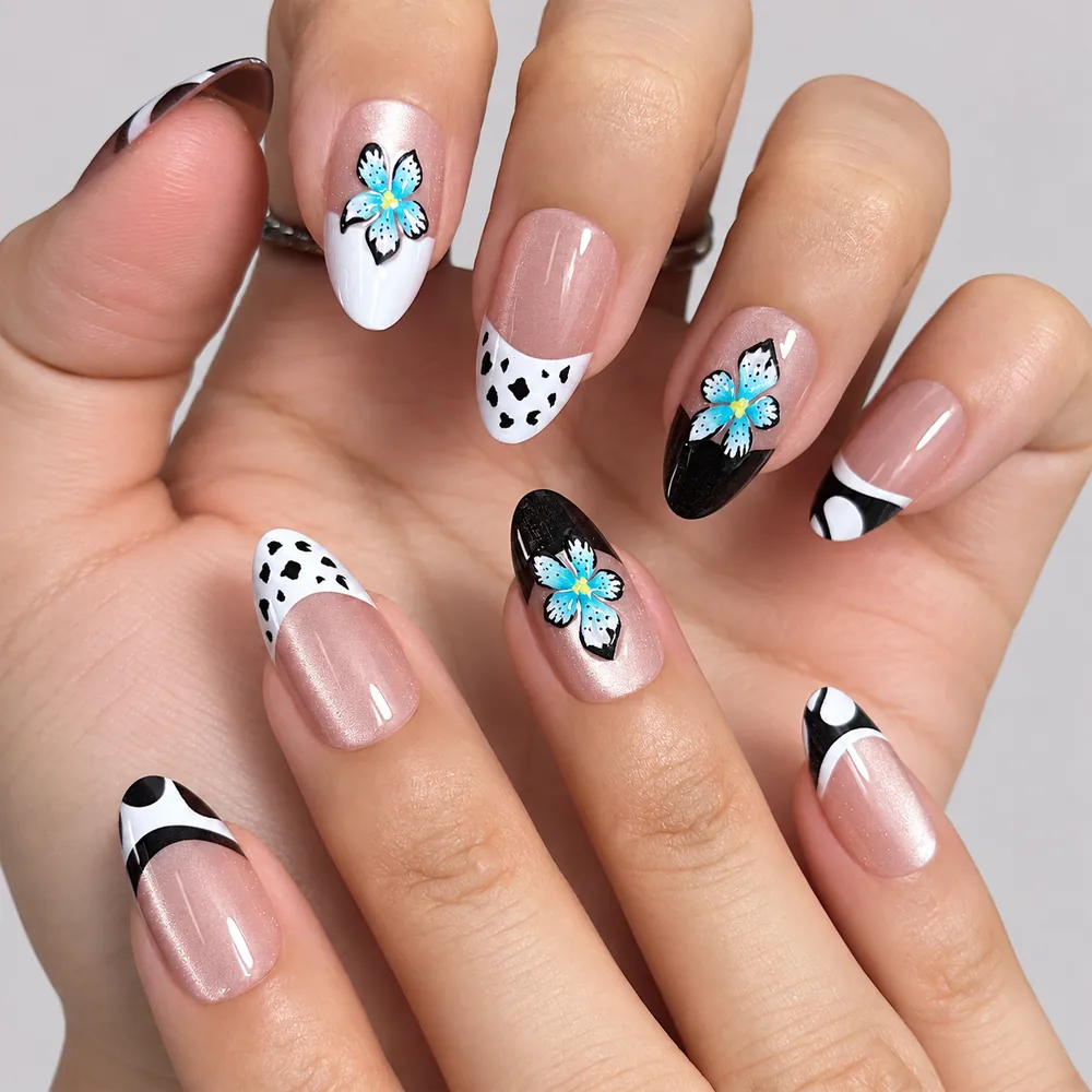 Leopard French 3D Flower Cat Eye Short Almond Press-On Nails
