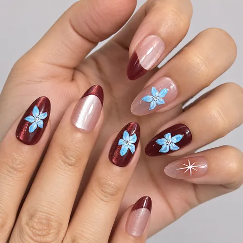 Brown 3D Flower French Short Almond Press-On Nails