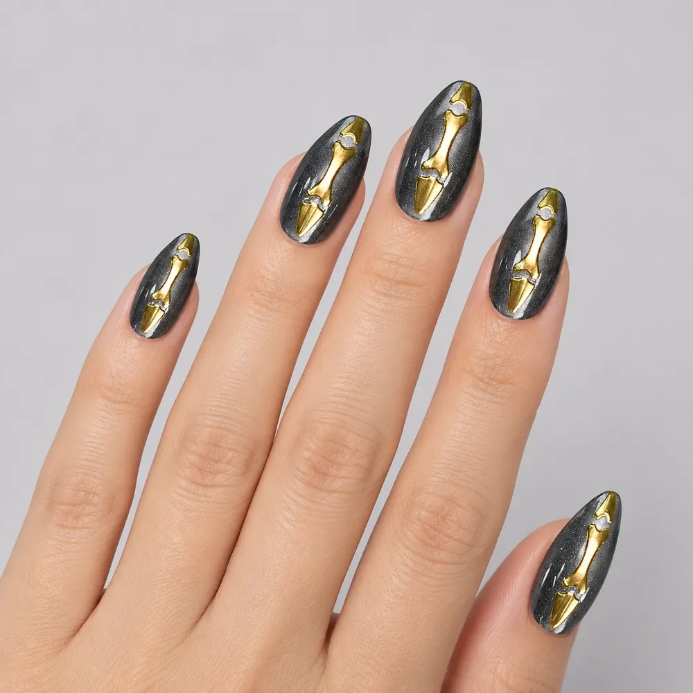Skull Gold Foil Cat Eye Halloween Almond Press-On Nails