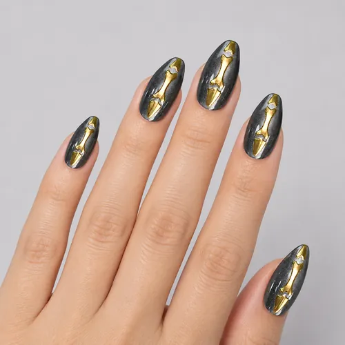 Skull Gold Foil Cat Eye Halloween Almond Press-On Nails