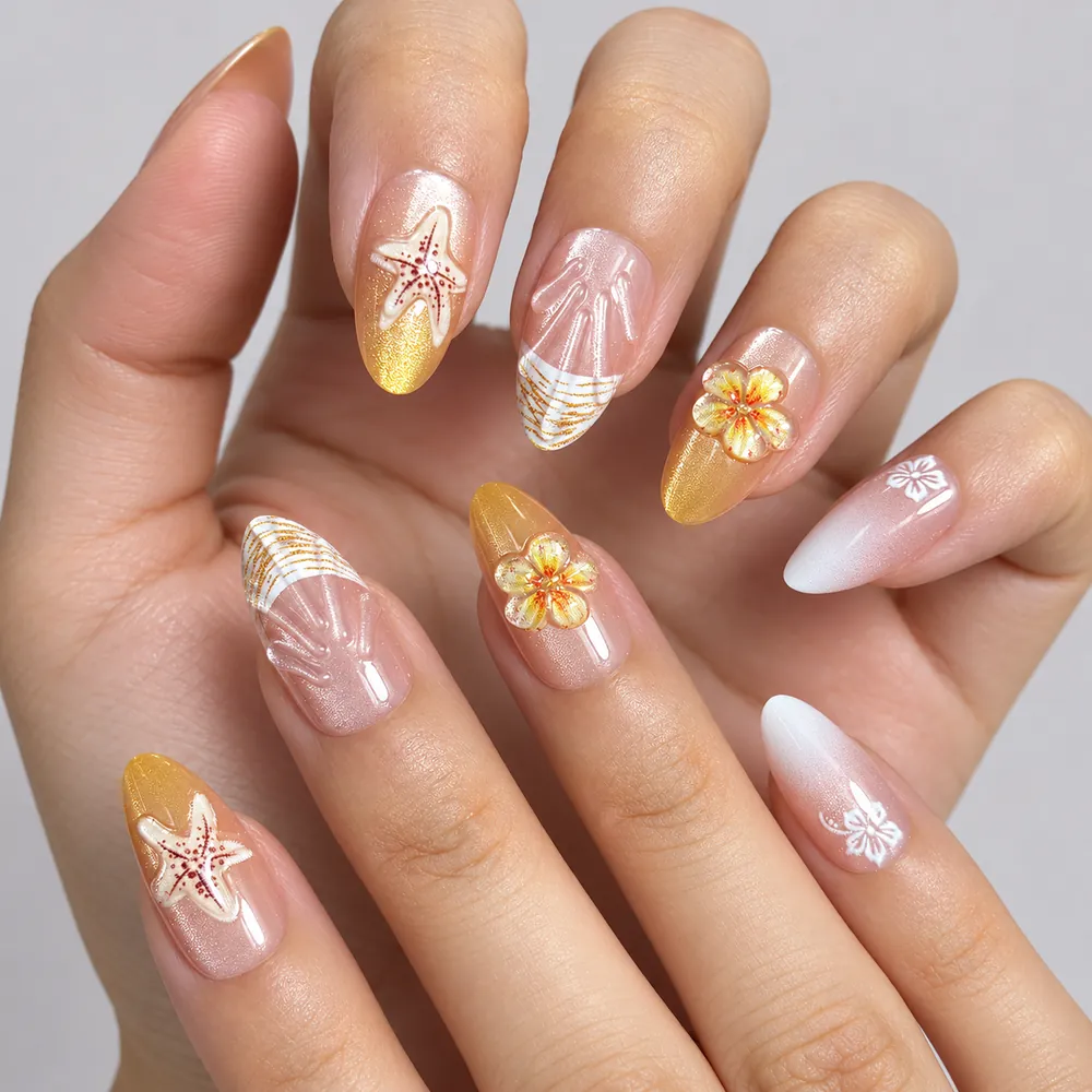 3D Flower Gold-Edge French Cat Eye Short Almond Press-On Nails