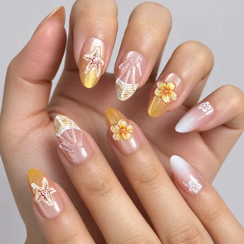 3D Flower Gold-Edge French Cat Eye Short Almond Press-On Nails