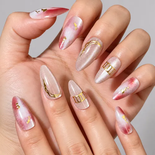 Autumn Aura Ombré Cat Eye Gold Foil Almond Press-On Nails