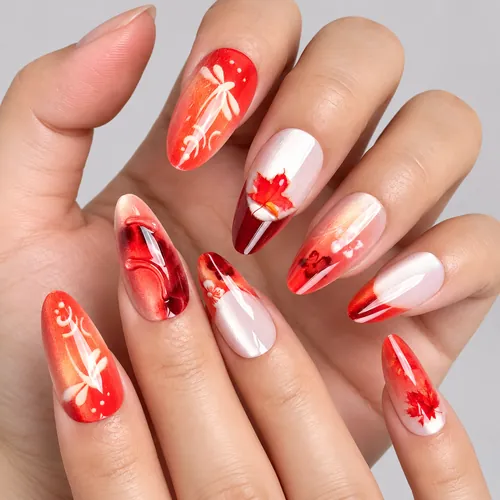 3D Gel Maple Leaf Cat Eye Almond Press-On Nails