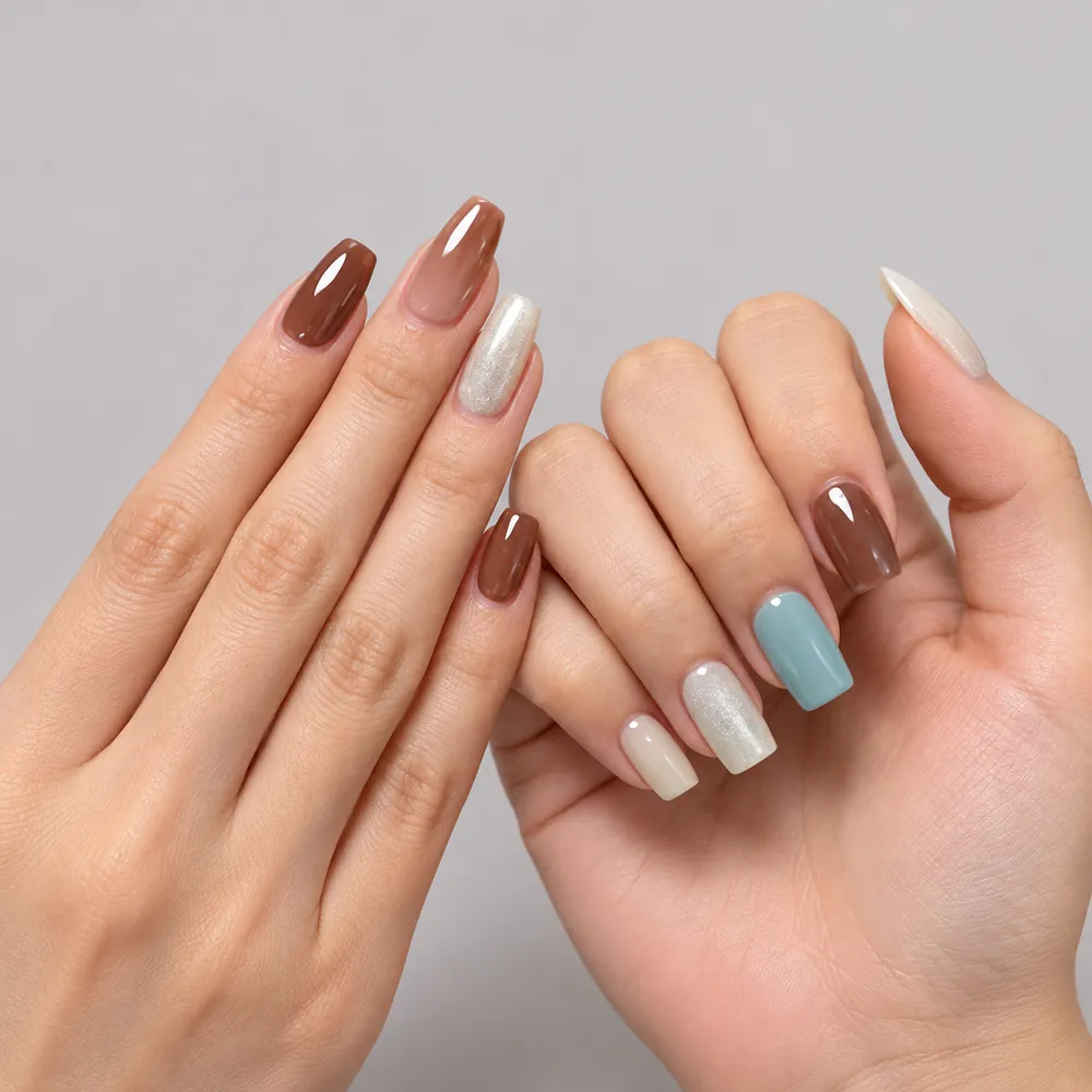 Sheer Nude Cat Eye Short Press-On Nails, 15 Shades