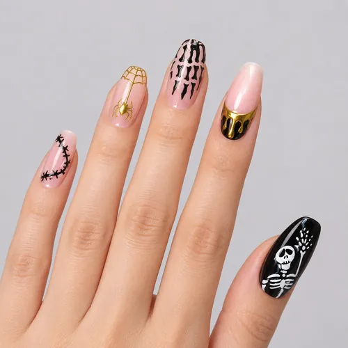 Skeleton and Mummy Wrap Gold Foil Halloween Press-On Nails