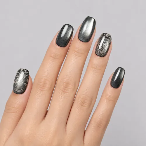Silver-Gray Lace Cat Eye Short Oval Press-On Nails